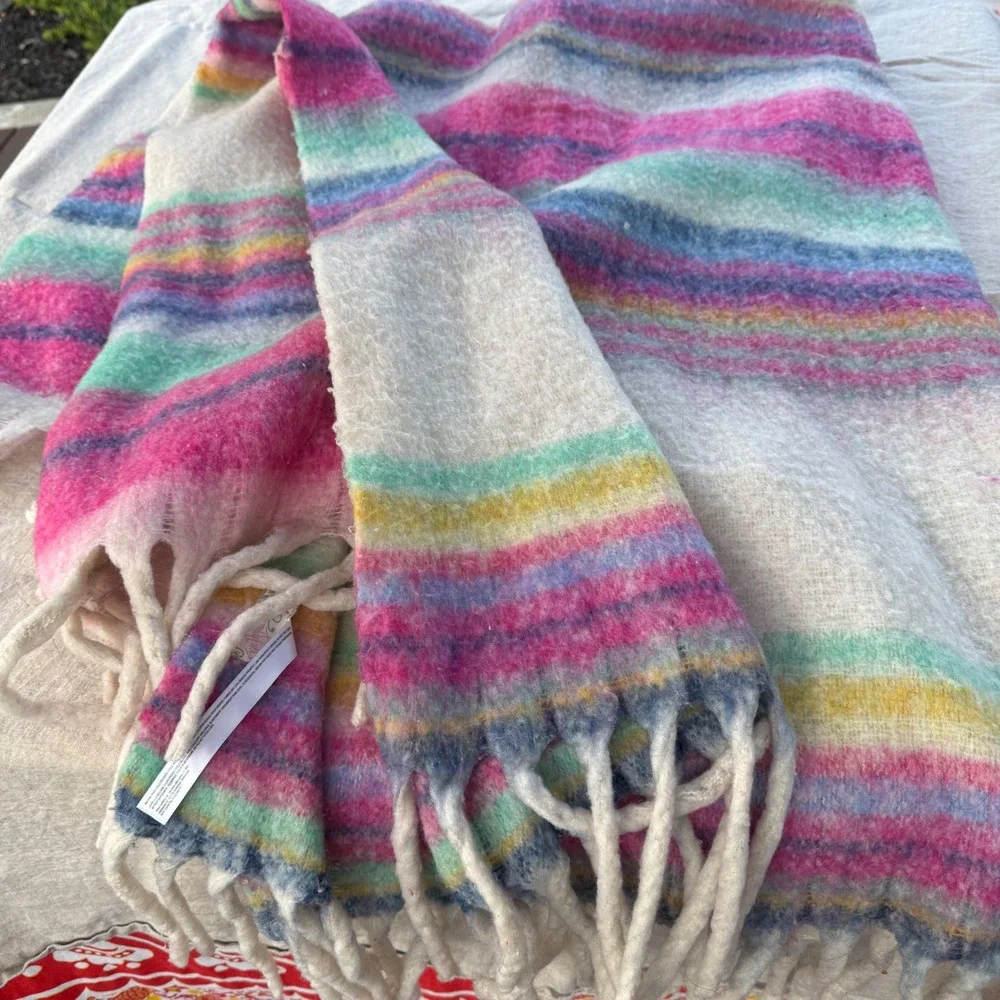 Free People Oversized Scarf Rainbow Stripe Pink Blue Boho Fringe Blanket Wrap